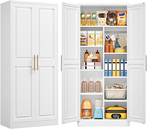 SISESOL 71" Tall Storage Cabinet with 9 Shelves and Hanging Rod,Kitchen Pantry Cabinet with 2 Door,White Metal Storage Cabinets,Large Cupboard for Home,Kitchen,Laundry,Bathroom - color: White, size: 31.5"W
