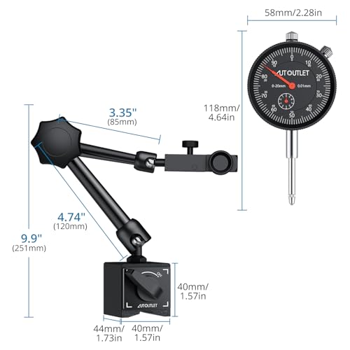 AUTOUTLET Dial Indicator with Magnetic Base, 0-1"/0.001" Magnetic Dial Indicator, 132lbs/60KG Max Pull Dial Gauge with Fine Adjustment Knob for 3D Printer, Lathe, CNC Machine, Workshop Use - size: 60