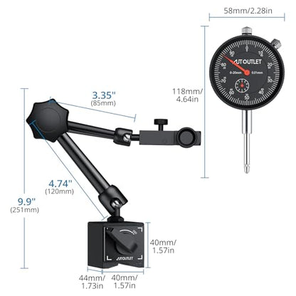 AUTOUTLET Dial Indicator with Magnetic Base, 0-1"/0.001" Magnetic Dial Indicator, 132lbs/60KG Max Pull Dial Gauge with Fine Adjustment Knob for 3D Printer, Lathe, CNC Machine, Workshop Use - size: 60