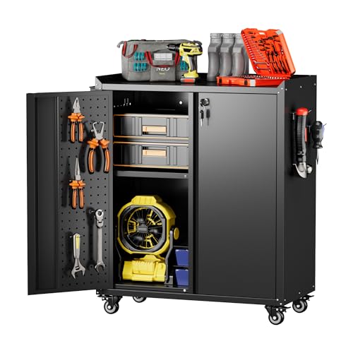 Metal Storage Cabinet on Wheels,Lockable Garage Storage Cabinet with Wheels Pegboard Pushing Hand for Office Home Warehouse, Assembly Required, Black,13.8 "D x 26" W x 31.5" H - color: Black, size: 13.8"D x 26"W x 31.5"H