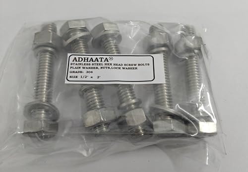 1/2” 304 Stainless Steel Hex Head Screw Bolts and Nuts Kit, Hex Nuts with Spring & Plain Washer for Bolts (Set of 5, 1/2" X 3") - size: 1/2" X 3"