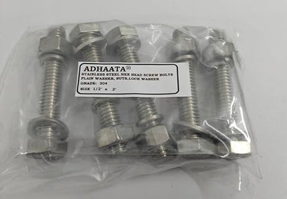 1/2” 304 Stainless Steel Hex Head Screw Bolts and Nuts Kit, Hex Nuts with Spring & Plain Washer for Bolts (Set of 5, 1/2" X 3") - size: 1/2" X 3"