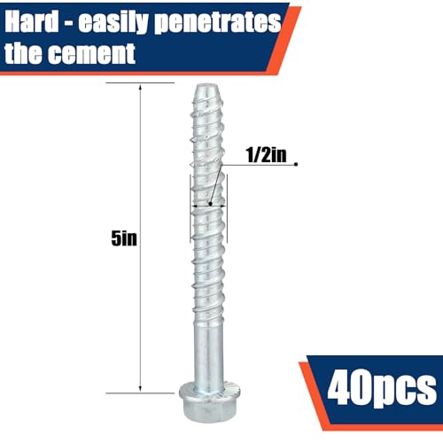 Tandefio 40 Pack 1/2" X 5" Concrete Anchors and Screw Kits Galvanized - size: 1/2" X 5"