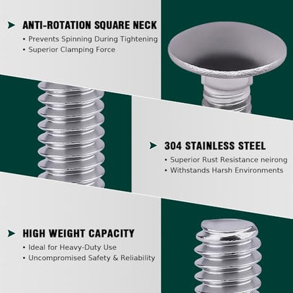 3/8-16 x 4 Carriage Bolts, 304 (18/8) Stainless Steel Carriage Screws, Round Domed Head Square Neck, Grade A2-70, Full Thread, Coarse Thread UNC, 10-Pack - size: 3/8-16 x 4"