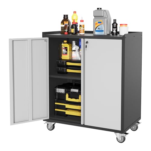 35.43in Duty Metal Garage Storage Cabinet with Wheels and Handle, Lockable Rolling Tool Cabinet with Adjustable Shelf, Rust-Resistant Steel Utility Cabinet for Garage, Home, Office Workshop, Grey - color: Black 01