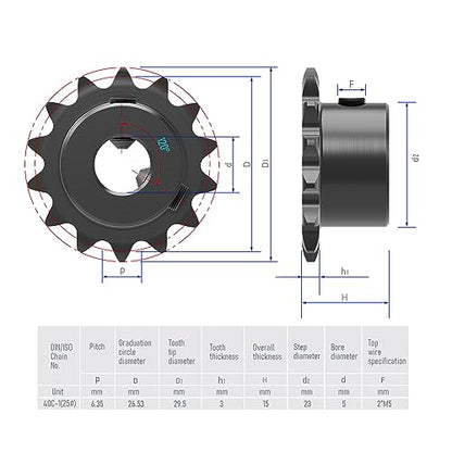 14 Tooth Roller Chain Sprocket, 25 Chain, 5mm Bore - size: 14T/5mm Bore