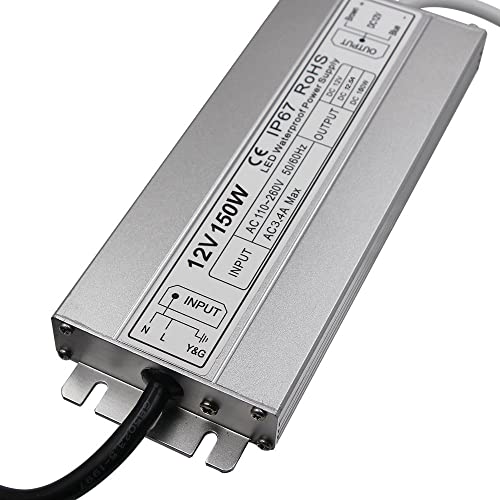 LED Driver Waterproof IP67 Power Supply 150W 12V DC 12.5a Transformer thinner and Durable with US 3-Prong Plug Plate for Outdoor Use - size: 12V150W