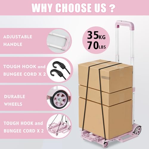 Folding Dolly Pink Hand Cart,Folding Hand Truck Aluminum Trolley - color: 2 Wheel Aluminium Pink