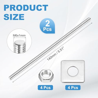 MECCANIXITY 2Set M6x140mm Fully Threaded Rod Threaded Rods Bar Studs - size: M6x140mm