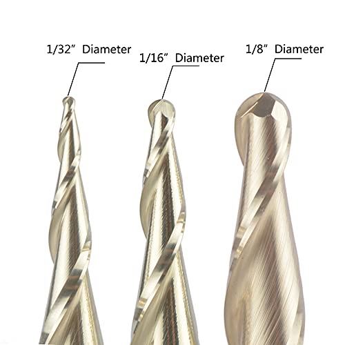 SpeTool 3Pcs Carbide Ball Nose Router Bit CNC End Mill 1/16 1/32 1/64 Cutting Radius for Wood 3D Carving Engraving MDF Oak