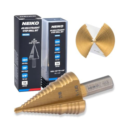 NEIKO 10626A Step Drill Bit, 2 Steps 7/8" to 1-1/8" Straight High Speed Steel, Titanium Nitride Coated, 3/8" Tri-Flat Step Bits for Steel, Metal, Wood, Plastic, Unibit Cone Drill Bits, Two Flute - size: #9 (7/8 - 1-1/8", 2S), style: Straight