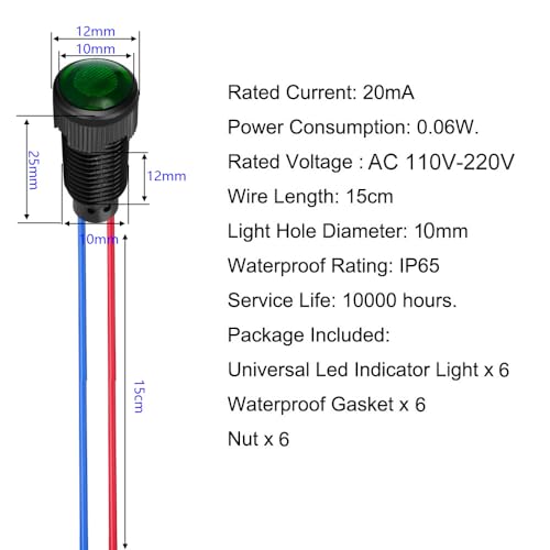Gebildet 6pcs Green LED Indicator Pilot Light 110VAC Mounting Hole Size 10mm(Flame Retardant Plastic Shell) - color: Green 110-220V/Black shell