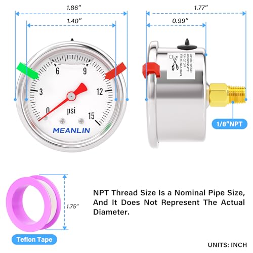 MEANLIN MEASURE 0~15Psi Stainless Steel Liquid Filled Pressure Gauge, 1/8" NPT 1.5" Luminous Dial, Glycerin Filled for Water Oil Air Center Back Mount with 2PCS Snaps - color: Back Mount, size: 0-15Psi