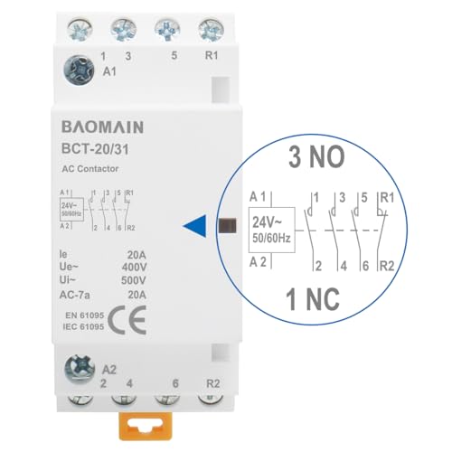 BAOMAIN 24V AC 4-Pole 20A Modular Contactor, 3NO1NC, DIN Rail Mount