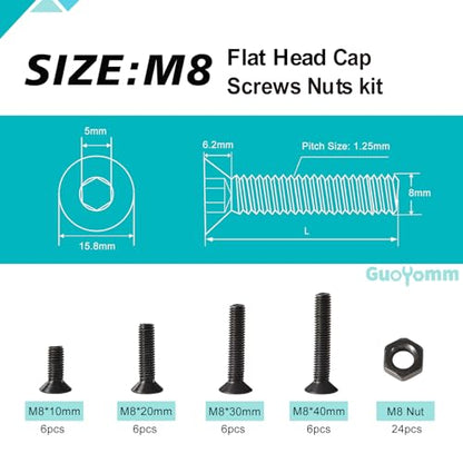 M8 x 10mm 20mm 30mm 40mm, Flat Head Hex Socket Cap Screws Bolts, Countersunk Bolts and Nuts, 10.9 Grade Alloy Steel, Black Oxide, Metric Allen Drive, Fully Thread, Assortment Kit 48PCS - size: M8x10-40mm+Nuts