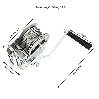 JOIKIT 1200lbs Heavy Duty Hand Winch, 10m 32.8 Feet Steel Cable Hand Crank Winch with Brake, Crank Gear Winch Boat Winch Two-Way Manual Ratchet Winches for ATV Boat Trailer Marine, Silver - size: 1200 LBS