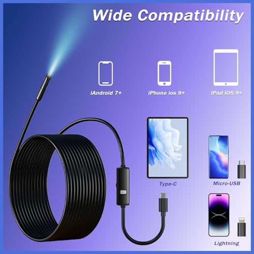 Industrial Endoscope Camera, 1920P HD Borescope with 8 Adjustable LED Lights, IP67 Waterproof Semi-Rigid Cable, for Car Repair, Pipe Inspection, Home Appliance Maintenance, iOS & Android