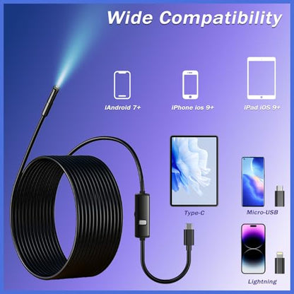 Industrial Endoscope Camera, 1920P HD Borescope with 8 Adjustable LED Lights, IP67 Waterproof Semi-Rigid Cable, for Car Repair, Pipe Inspection, Home Appliance Maintenance, iOS & Android