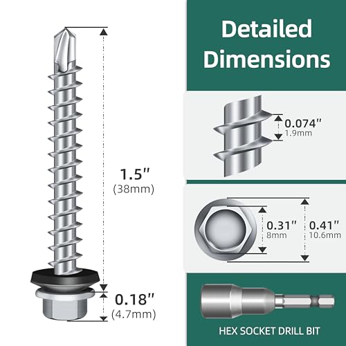 100-pack #10 x 1-1/2 Hex Head Self-Drilling Metal Roofing Screws with EPDM Washer, Zinc Plated Wood Screws, Self Tapping Sheet Metal Roof Screws (Diamond Point) - color: Silver, size: #10 x 1-1/2"