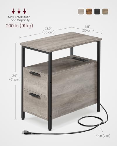 VASAGLE Side End Table with Charging Station, Slim Nightstand with Storage - color: Heather Greige + Ink Black, size: 23.6"D x 11.8"W