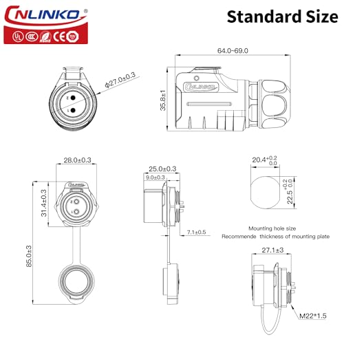 CNLINKO LP20 2 Pin Waterproof Connectors,IP68 Circular Connectors Fast Locking Plug,2-12 Pin Power Connector M20 Male Female Plug,LED Outdoor Lighting Connectors(2 Pin) - size: 2 PIN, style: Black/Single-Hole Socket