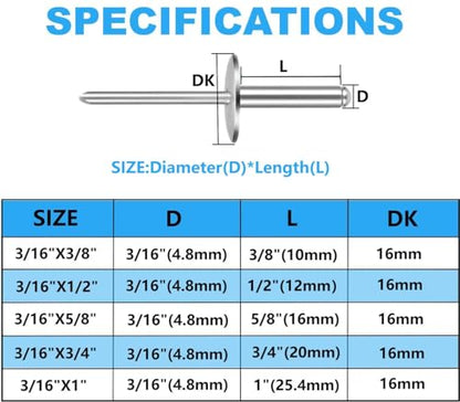 LAZIRO Large Flange Pop Rivets 3/16" Aluminum Body Steel Mandrel Large Dome Head 6-8 Gap .Large Self-Plugging Open End Decorating Fastener Nails Pop Rivets (Silver) (3/16"X3/4") - size: 3/16"X3/4"