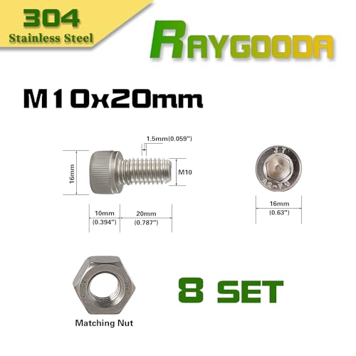 M10-1.5x20mm Socket Head Cap Screw and Nut Kit 8set, 304 Stainless Steel A2-70, Full Thread, Bright Finish - High Strength, Corrosion Resistant for Automotive, Machinery, DIY - size: M10x20mm(8 Sets）