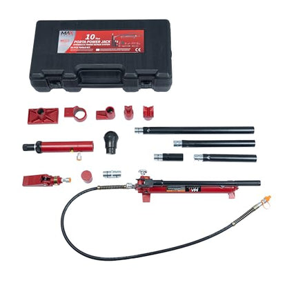 10 Ton (20,000 lbs Capacity) Porta Power Jack Hydraulic Ram Auto Body Frame Collision Repair Kit Set, 16-Pcs, with Blow Mold Carrying Case for Cars, Trucks, SUVs & More - size: 10 Ton without gauge