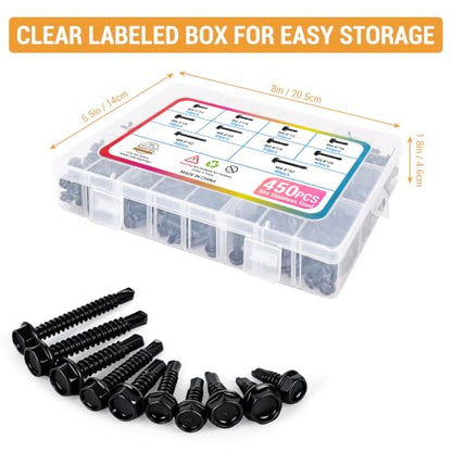 Stainless Steel Wood & Sheet Metal Screw Assortment Self-Tapping Screws (450PCS HEX Black) - size: 450PCS HEX BLACK