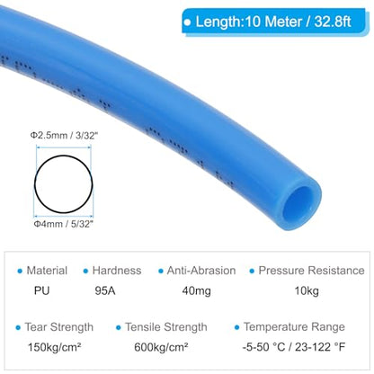 Pneumatic Tubing 5/32" OD 33ft, 4mm OD 2.5mm ID PU Air Line Pipe Tube for Air Compressor Fitting or Fluid Transfer, Blue