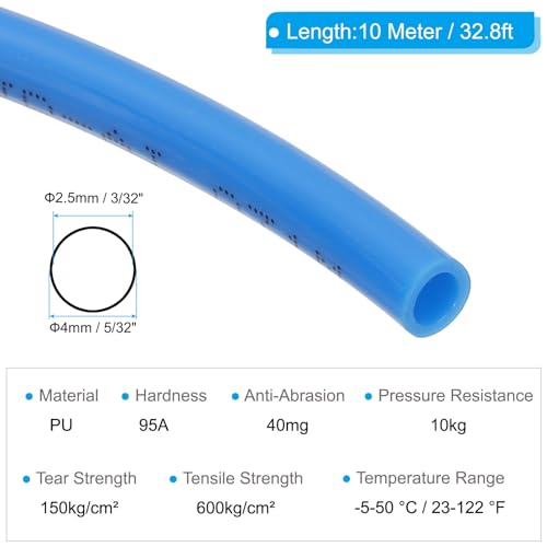 Pneumatic Tubing 5/32" OD 33ft, 4mm OD 2.5mm ID PU Air Line Pipe Tube for Air Compressor Fitting or Fluid Transfer, Blue