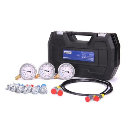 MEASUREMAN Portable Excavator Hydraulic Pressure Test Kit, Includes 3 Pressure Gauges (2400/3500/6000 PSI), 2 Hoses, 6 Test Couplings, for Construction Machinery Systems, Packed in Durable Case - style: Mechanical Hydraulic Pressure Test Kit （11in1）