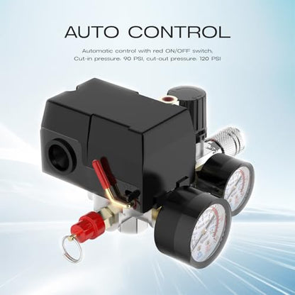 Air Compressor Pressure Switch Control Valve, cnaodun 90-120 PSI Air Compressor Switch Equips Four-Port Pressure Regulator Gauge 1/4 NPT Thread - style: 4-port 90-120PSI with Control Valve