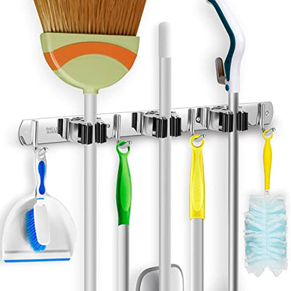 IMILLET Broom Holder Wall Mount Stainless Steel Mop Organizer - color: Stainless Steel - 3 Racks with 4 Hooks, size: 1 Pack