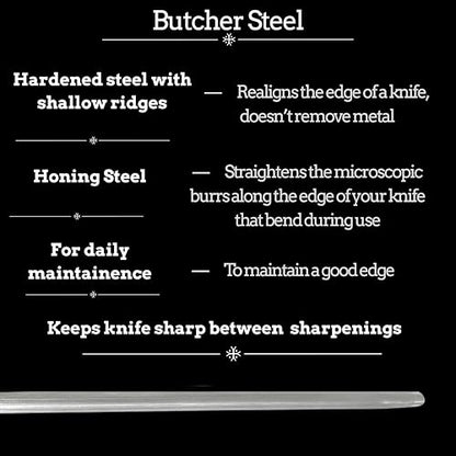 Professional Butcher’s Honing Steel – Round Rod for Chefs, Meat Cutters, and Home Kitchens – Carbon Steel Knife Alignment Tool with Non-Slip Handle (14 inch) - size: 14 inch
