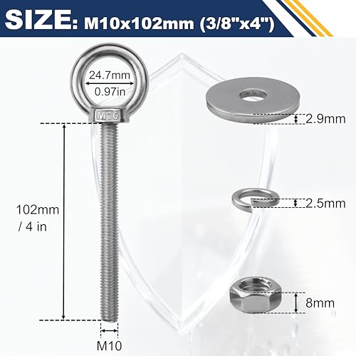 4 Pack M10 Stainless Steel Eye Bolts with Nuts, 3/8" x 4" Eye Bolts - size: M10x102mm (3/8"x4")