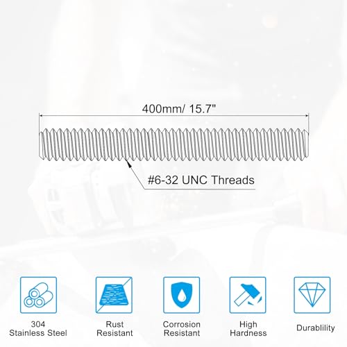 PATIKIL #6-32 UNC 304 Stainless Steel Fully Threaded Rod, 15.7" Length Long Threaded Screw Right Hand Threads All Threaded Rod Studs for Anchoring Bolt, Clamps, Hangers and U-Bolts - size: #6-32 UNC x 15.7"