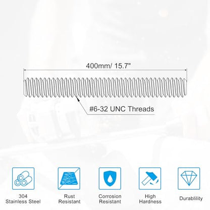 PATIKIL #6-32 UNC 304 Stainless Steel Fully Threaded Rod, 15.7" Length Long Threaded Screw Right Hand Threads All Threaded Rod Studs for Anchoring Bolt, Clamps, Hangers and U-Bolts - size: #6-32 UNC x 15.7"
