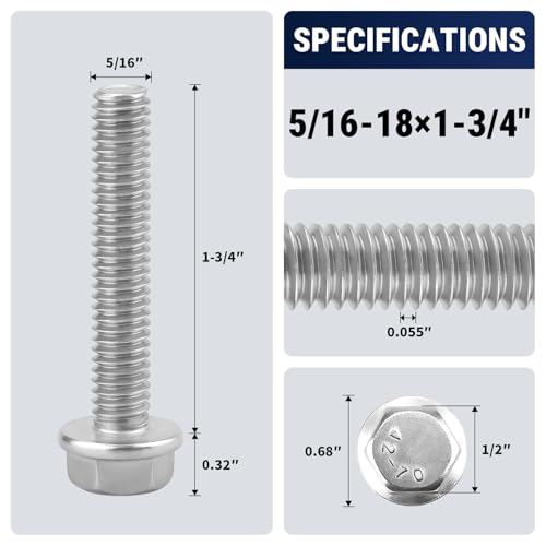 5/16-18 x 1-3/4" Flange Hex Bolts, 304 Stainless Steel 18-8, A2-70 Grade, Non-Serrated Flange Bolts for Automotive Repair, Fully Threaded, 12 Pcs - size: 5/16-18 x 1-3/4