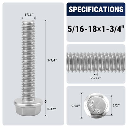 5/16-18 x 1-3/4" Flange Hex Bolts, 304 Stainless Steel 18-8, A2-70 Grade, Non-Serrated Flange Bolts for Automotive Repair, Fully Threaded, 12 Pcs - size: 5/16-18 x 1-3/4