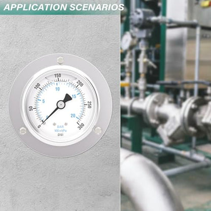 0-300PSI Panel Mount Front Flanged Glycerin Filled Pressure Gauge, 2.5" Dial Size, 1/4" MNPT Back Mount, Stainless Steel Case, with Phillips Screw and Nut, for Water, Gas, Liquid Pressure - color: Liquid Filled - Stainless Steel Case, size: 0-300PSI