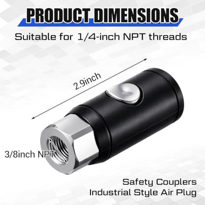 4 Pack 3/8" Npt Industrial Air Coupler Set, High Flow Safety Quick Connect Fittings, 3/8" Female Npt Thread, Push Button Release for Medical, Automation Equipment, Construction - size: 3/8 Inch