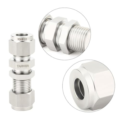 TAISHER 1PCS 304 Stainless Steel Thru-Bulk Bulkhead Compression Tube Pipe Fitting Connector, 1/2" Tube OD x 1/2" Tube OD Straight Adapter