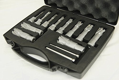 BLUEROCK 1-3/8" Depth TCT Annular Cutter Set for Magnetic Drills, 13-Piece Tungsten Carbide Kit with 11 Cutters, 3/4" Weldon Shank, 3 Pilot Pins & Case