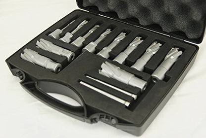 BLUEROCK 1-3/8" Depth TCT Annular Cutter Set for Magnetic Drills, 13-Piece Tungsten Carbide Kit with 11 Cutters, 3/4" Weldon Shank, 3 Pilot Pins & Case
