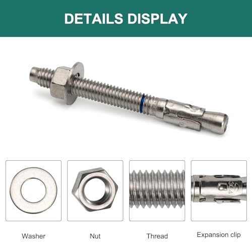 3/8" x 3-3/4" Concrete Anchors (12 Pack) 3/8 inch Wedge Anchors Bolts Stainless Steel - size: 3/8"x3-3/4"