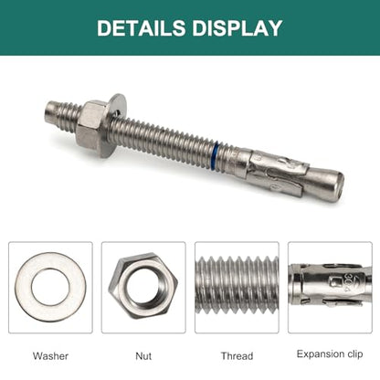 3/8" x 3-3/4" Concrete Anchors (12 Pack) 3/8 inch Wedge Anchors Bolts Stainless Steel - size: 3/8"x3-3/4"