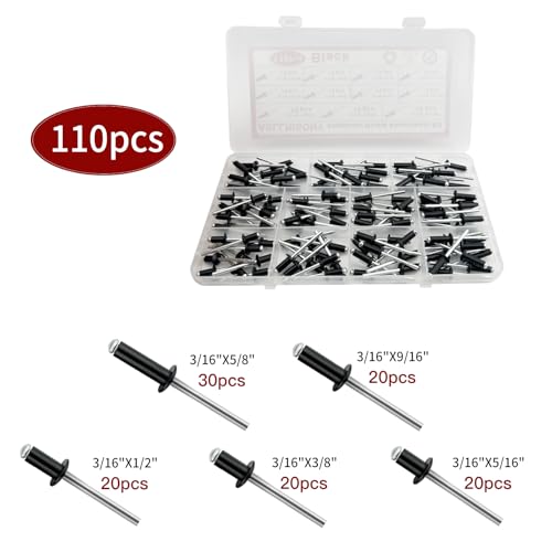 110Pcs Black 3/16 Inches Pop Rivets Assortment Kit,5 Sizes Aluminum Rivets,Aluminum blind pro Rivets for DIY/Metal/Furniture/Instruments - color: Black, size: 3/16 Inches
