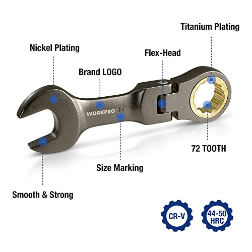 WORKPRO 8 Piece Flex Head Stubby Ratcheting Wrench Set, Metric 9-17mm - size: Metric, style: Nickel-plated