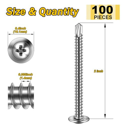 Mywish 100pcs #8×2" Self Tapping Screws for Metal, Sheet Metal Screw 410 Stainless Steel Truss Head Self Drilling Screws High-Strength Quick Tapping Screws - color: Silver, size: #8x2" (100 pcs)